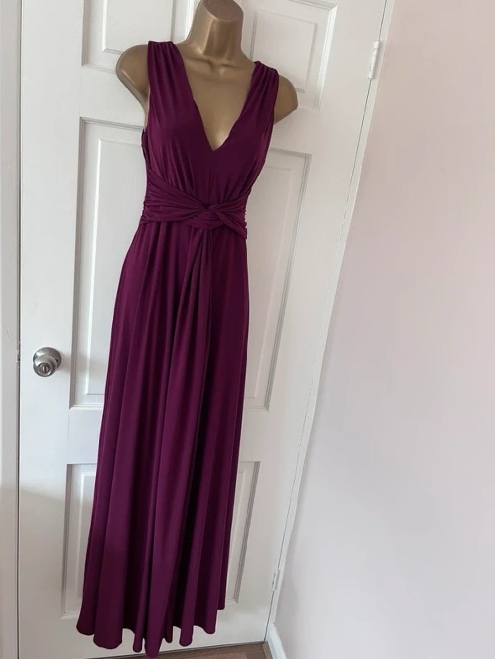 Sleeveless V-Neck Knot-Waist Maxi Dress in Plum